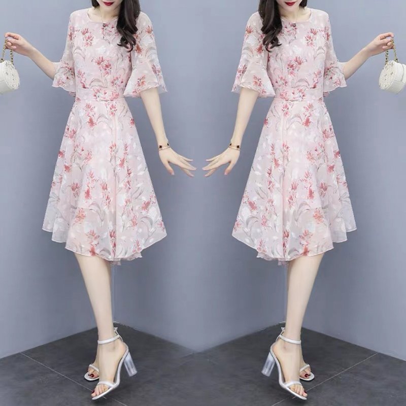 Women Floral Chiffon Dress V-collar Loose Waist Medium Fashion Dress Pink_M