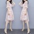 Women Floral Chiffon Dress V collar Loose Waist Medium Fashion Dress Pink 2XL