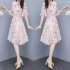 Women Floral Chiffon Dress V collar Loose Waist Medium Fashion Dress Pink 2XL