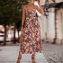 Women Floral Print Dress Sleeveless Backless V Neck Tie Back Thigh Split Spaghetti Strap Long Maxi Dress black M