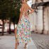 Women Floral Print Dress Sleeveless Backless V Neck Tie Back Thigh Split Spaghetti Strap Long Maxi Dress black M