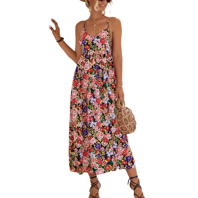 Women Floral Print Dress Sleeveless Backless V Neck Tie Back Thigh Split Spaghetti Strap Long Maxi Dress black M