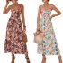 Women Floral Print Dress Sleeveless Backless V Neck Tie Back Thigh Split Spaghetti Strap Long Maxi Dress black M