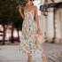 Women Floral Print Dress Sleeveless Backless V Neck Tie Back Thigh Split Spaghetti Strap Long Maxi Dress black M