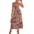Women Floral Print Dress Sleeveless Backless V Neck Tie Back Thigh Split Spaghetti Strap Long Maxi Dress black M