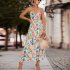 Women Floral Print Dress Sleeveless Backless V Neck Tie Back Thigh Split Spaghetti Strap Long Maxi Dress black M