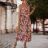 Women Floral Print Dress Sleeveless Backless V Neck Tie Back Thigh Split Spaghetti Strap Long Maxi Dress black M