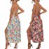 Women Floral Print Dress Sleeveless Backless V Neck Tie Back Thigh Split Spaghetti Strap Long Maxi Dress black M