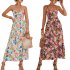Women Floral Print Dress Sleeveless Backless V Neck Tie Back Thigh Split Spaghetti Strap Long Maxi Dress black M