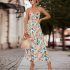 Women Floral Print Dress Sleeveless Backless V Neck Tie Back Thigh Split Spaghetti Strap Long Maxi Dress black M