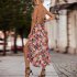Women Floral Print Dress Sleeveless Backless V Neck Tie Back Thigh Split Spaghetti Strap Long Maxi Dress black M