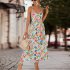 Women Floral Print Dress Sleeveless Backless V Neck Tie Back Thigh Split Spaghetti Strap Long Maxi Dress black M
