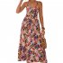 Women Floral Print Dress Sleeveless Backless V Neck Tie Back Thigh Split Spaghetti Strap Long Maxi Dress black M