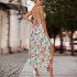 Women Floral Print Dress Sleeveless Backless V Neck Tie Back Thigh Split Spaghetti Strap Long Maxi Dress black M
