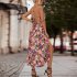 Women Floral Print Dress Sleeveless Backless V Neck Tie Back Thigh Split Spaghetti Strap Long Maxi Dress black M