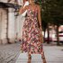 Women Floral Print Dress Sleeveless Backless V Neck Tie Back Thigh Split Spaghetti Strap Long Maxi Dress black M