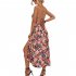 Women Floral Print Dress Sleeveless Backless V Neck Tie Back Thigh Split Spaghetti Strap Long Maxi Dress black M