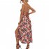 Women Floral Print Dress Sleeveless Backless V Neck Tie Back Thigh Split Spaghetti Strap Long Maxi Dress black XL