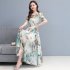 Women Floral Printing Dress Summer Short Sleeves Round Neck Long Skirt High Waist Large Swing Pullover Dress green M