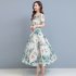 Women Floral Printing Dress Summer Short Sleeves Round Neck Long Skirt High Waist Large Swing Pullover Dress green M