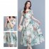 Women Floral Printing Dress Summer Short Sleeves Round Neck Long Skirt High Waist Large Swing Pullover Dress green M