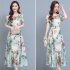 Women Floral Printing Dress Summer Short Sleeves Round Neck Long Skirt High Waist Large Swing Pullover Dress green M