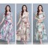 Women Floral Printing Dress Summer Short Sleeves Round Neck Long Skirt High Waist Large Swing Pullover Dress green M