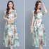 Women Floral Printing Dress Summer Short Sleeves Round Neck Long Skirt High Waist Large Swing Pullover Dress green XL