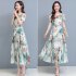 Women Floral Printing Dress Summer Short Sleeves Round Neck Long Skirt High Waist Large Swing Pullover Dress green XL