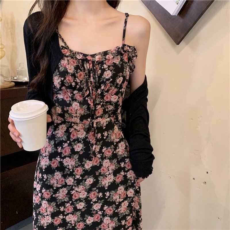Women Floral Printing Dress Fashion Square Collar Spaghetti Strap A-line Skirt Casual High Waist Pullover Sundress As shown S