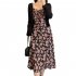 Women Floral Printing Dress Fashion Square Collar Spaghetti Strap A line Skirt Casual High Waist Pullover Sundress As shown S