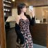 Women Floral Printing Dress Fashion Square Collar Spaghetti Strap A line Skirt Casual High Waist Pullover Sundress As shown XL