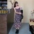 Women Floral Printing Dress Fashion Square Collar Spaghetti Strap A line Skirt Casual High Waist Pullover Sundress As shown L