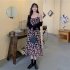 Women Floral Printing Dress Fashion Square Collar Spaghetti Strap A line Skirt Casual High Waist Pullover Sundress As shown XL