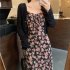 Women Floral Printing Dress Fashion Square Collar Spaghetti Strap A line Skirt Casual High Waist Pullover Sundress As shown XL