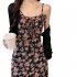 Women Floral Printing Dress Fashion Square Collar Spaghetti Strap A line Skirt Casual High Waist Pullover Sundress As shown XL