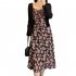 Women Floral Printing Dress Fashion Square Collar Spaghetti Strap A line Skirt Casual High Waist Pullover Sundress As shown XL