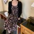Women Floral Printing Dress Fashion Square Collar Spaghetti Strap A line Skirt Casual High Waist Pullover Sundress As shown XL