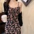 Women Floral Printing Dress Fashion Square Collar Spaghetti Strap A line Skirt Casual High Waist Pullover Sundress As shown XL