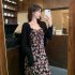 Women Floral Printing Dress Fashion Square Collar Spaghetti Strap A line Skirt Casual High Waist Pullover Sundress As shown XL