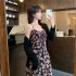 Women Floral Printing Dress Fashion Square Collar Spaghetti Strap A line Skirt Casual High Waist Pullover Sundress As shown XL