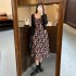 Women Floral Printing Dress Fashion Square Collar Spaghetti Strap A line Skirt Casual High Waist Pullover Sundress As shown XL