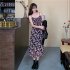 Women Floral Printing Dress Fashion Square Collar Spaghetti Strap A line Skirt Casual High Waist Pullover Sundress As shown XL