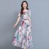 Women Floral Printing Dress Summer Short Sleeves Round Neck Long Skirt High Waist Large Swing Pullover Dress apricot M