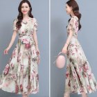 Women Floral Printing Dress Summer Short Sleeves Round Neck Long Skirt High Waist Large Swing Pullover Dress apricot L