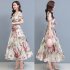 Women Floral Printing Dress Summer Short Sleeves Round Neck Long Skirt High Waist Large Swing Pullover Dress apricot M