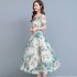 Women Floral Printing Dress Summer Short Sleeves Round Neck Long Skirt High Waist Large Swing Pullover Dress apricot M
