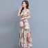 Women Floral Printing Dress Summer Short Sleeves Round Neck Long Skirt High Waist Large Swing Pullover Dress apricot M