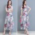 Women Floral Printing Dress Summer Short Sleeves Round Neck Long Skirt High Waist Large Swing Pullover Dress apricot M