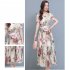 Women Floral Printing Dress Summer Short Sleeves Round Neck Long Skirt High Waist Large Swing Pullover Dress apricot XL